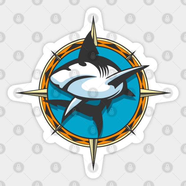 Jumping Shark on Wind rose background colorful emblem. Sticker by devaleta